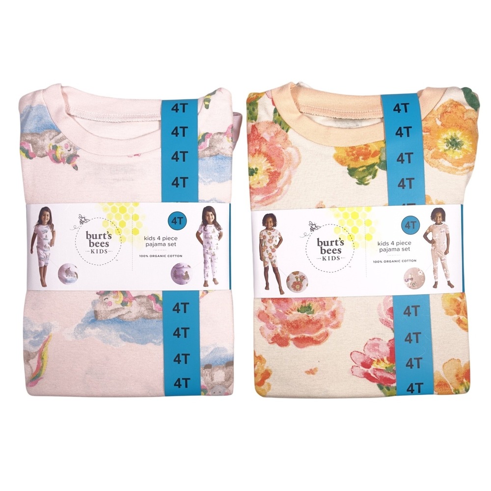 Burts Bees Kids 8 Piece Pajama Set 4T Organic Cotton Pink Unicorn Orange Floral